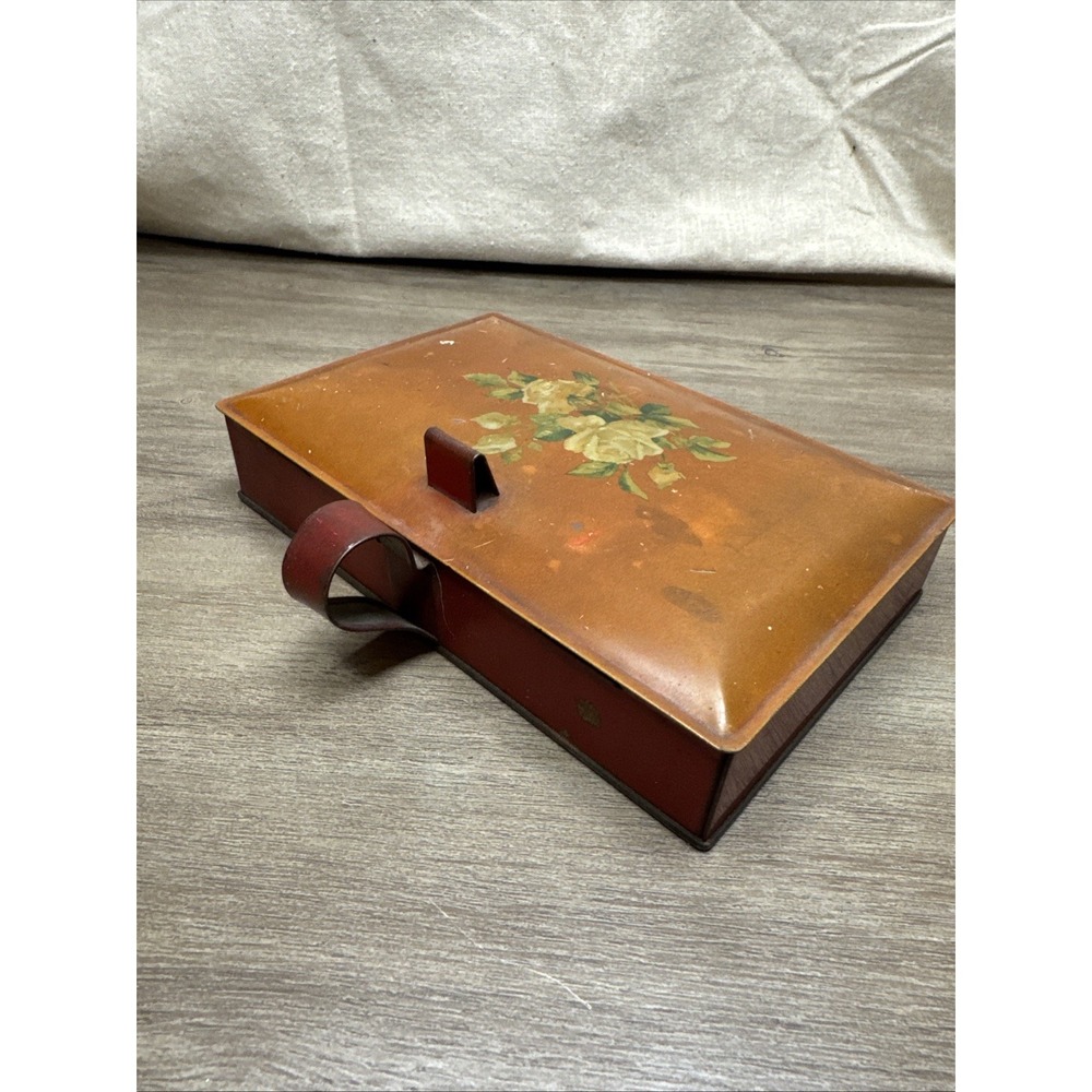 VTG Hand Painted Tin Silent Butler Crumb Catcher Tray faded Burgundy Tole Floral